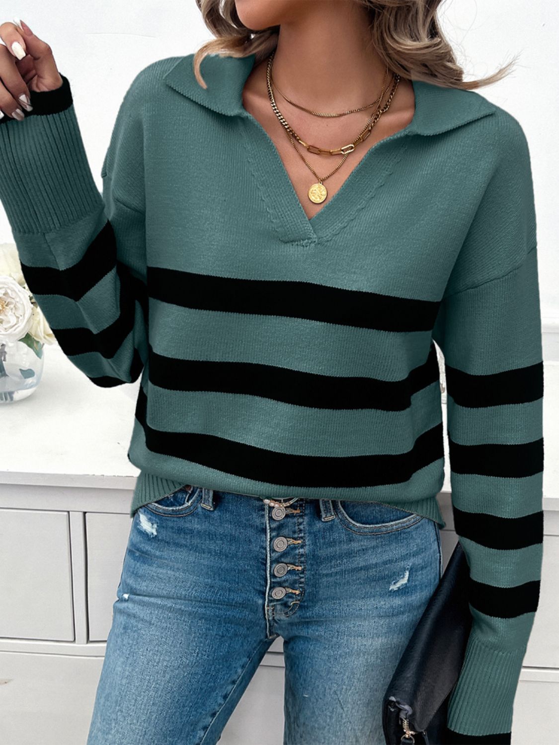 Striped Collared Neck Long Sleeve Sweater - Body By J'ne