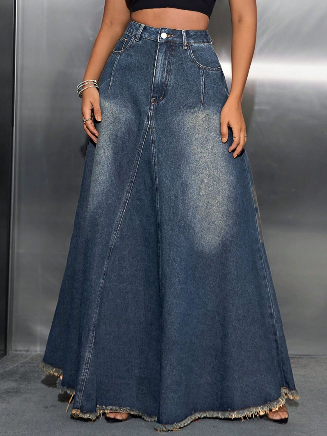 Raw Hem High Waist Denim Skirt with Pockets - Body By J'ne