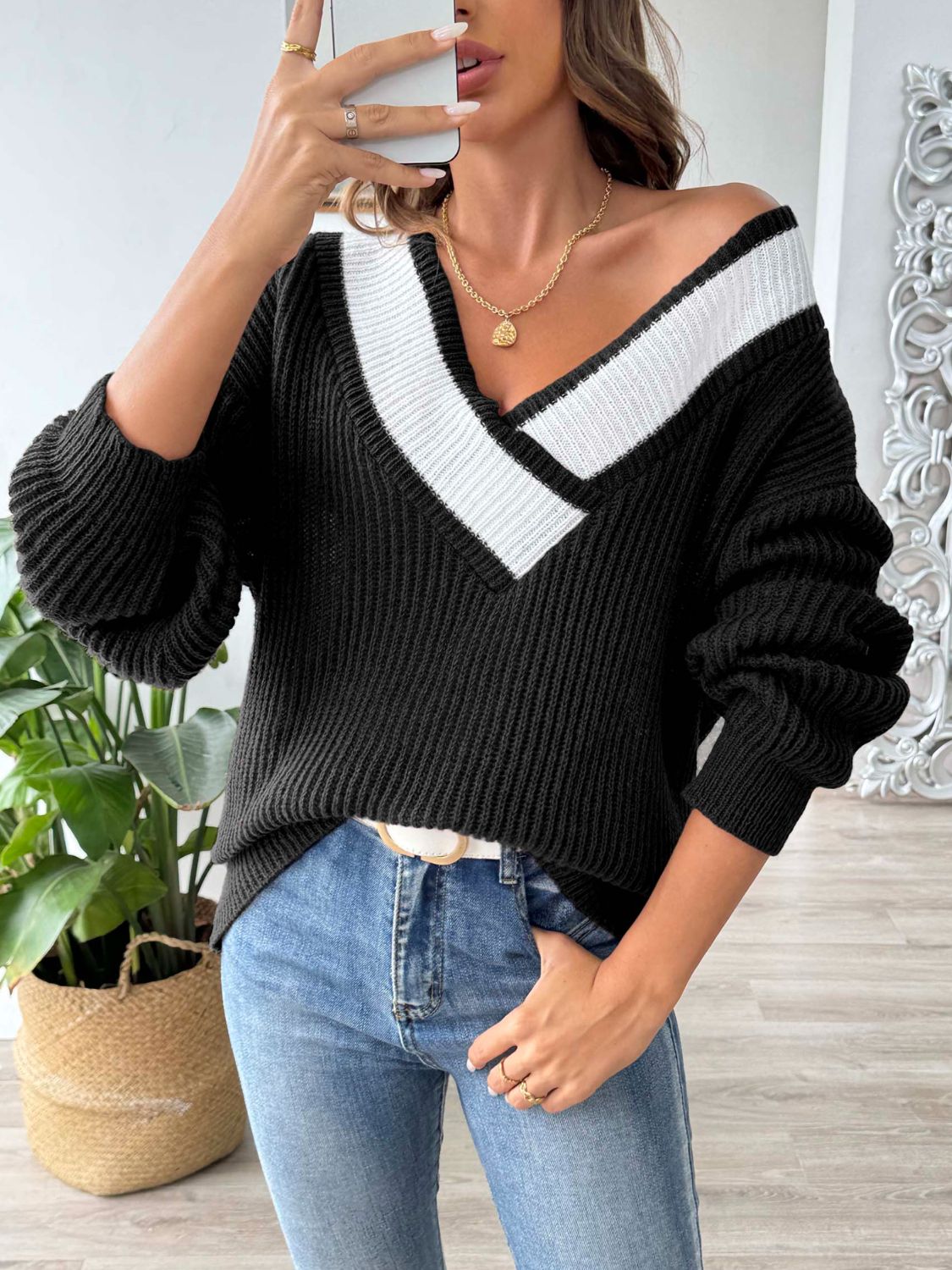 Contrast Dropped Shoulder Long Sleeve Sweater - Body By J'ne