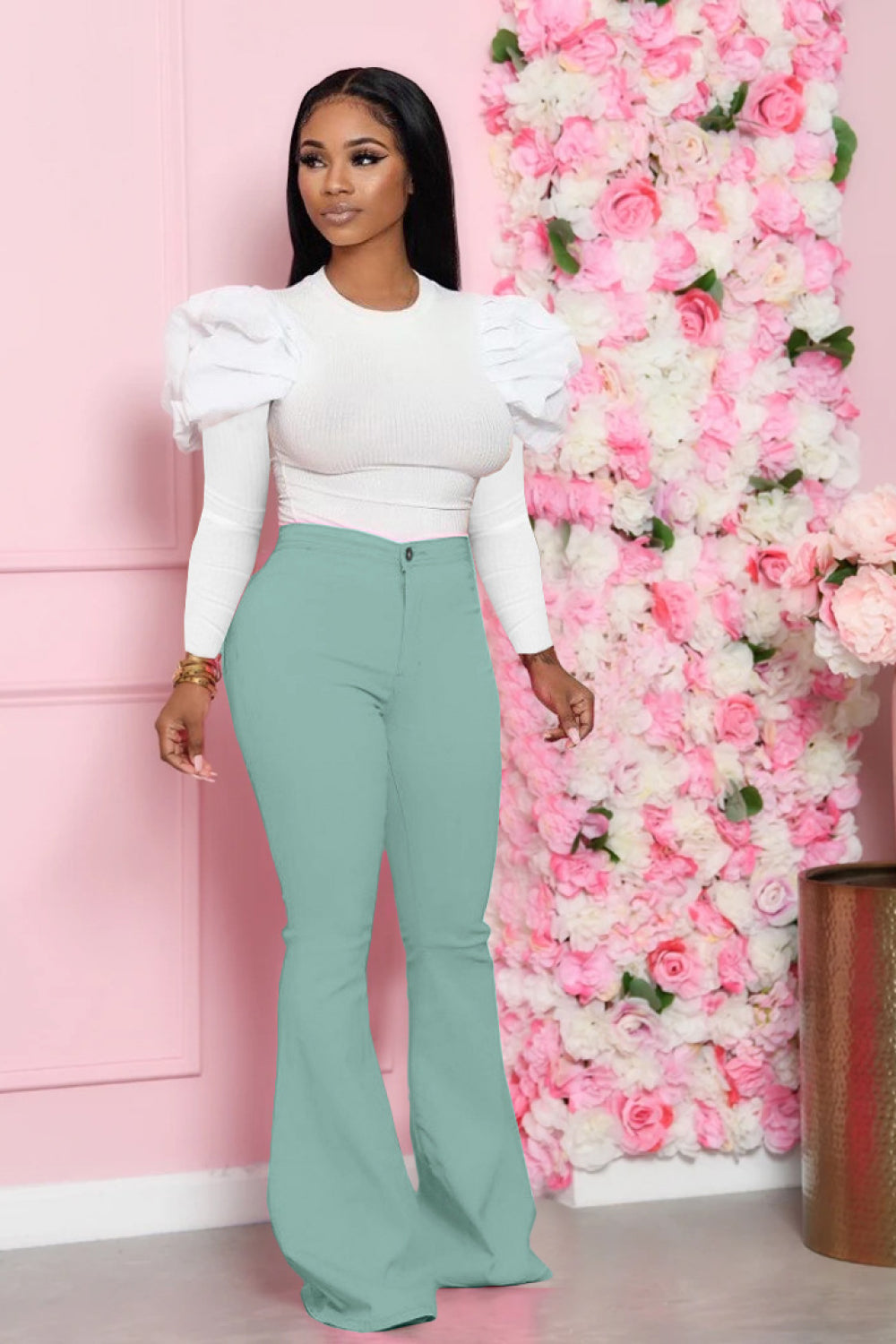 Leg-Of-Mutton Sleeve Top and Flare Pants Set - Body By J'ne