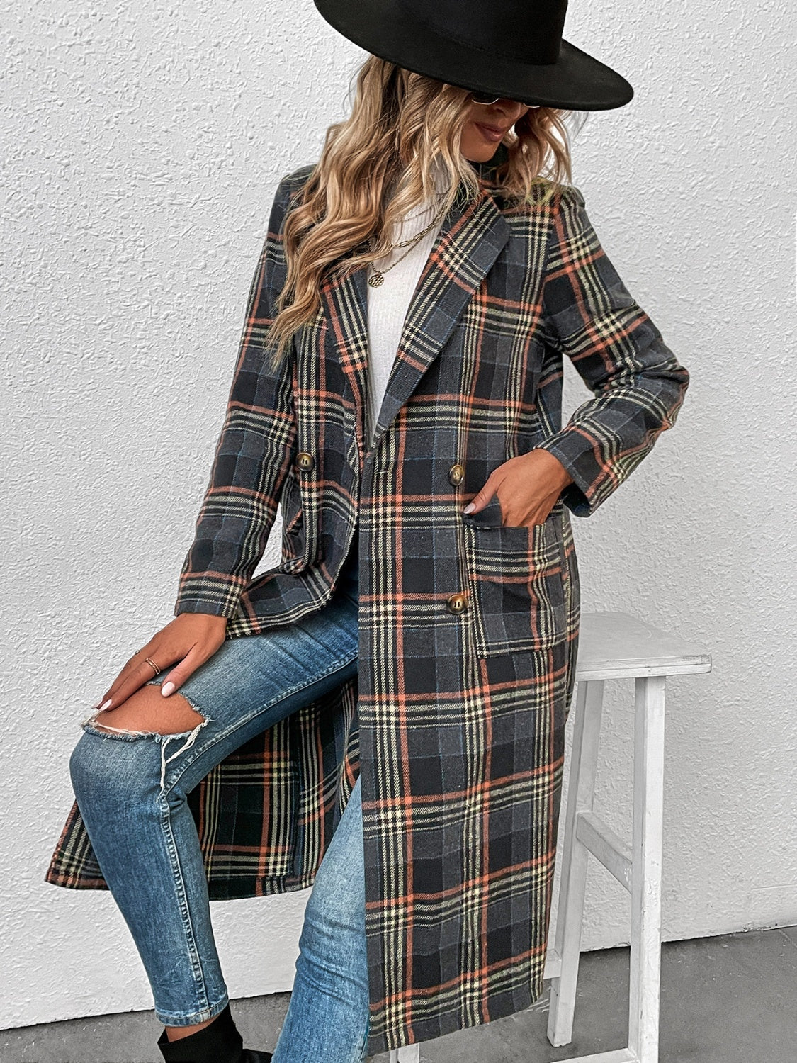 Plaid Lapel Collar Trench Coat - Body By J'ne
