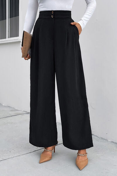 High Waist Ruched Pocketed Wide Leg Pants - Body By J'ne
