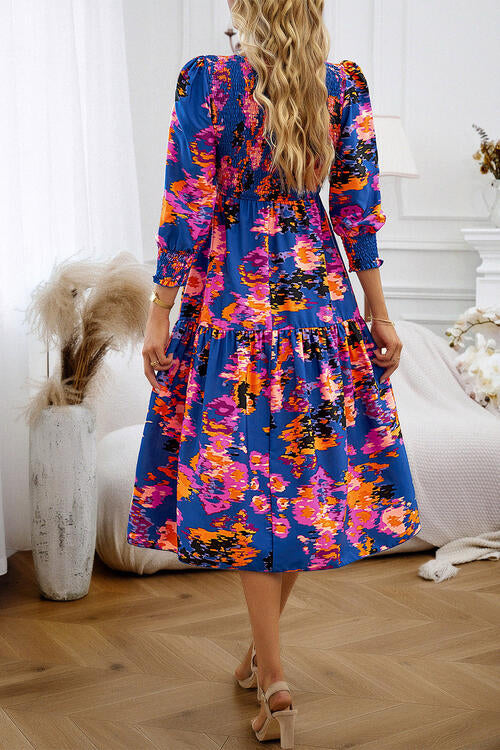 Printed Smocked Lantern Sleeve Ruffled Dress - Body By J'ne