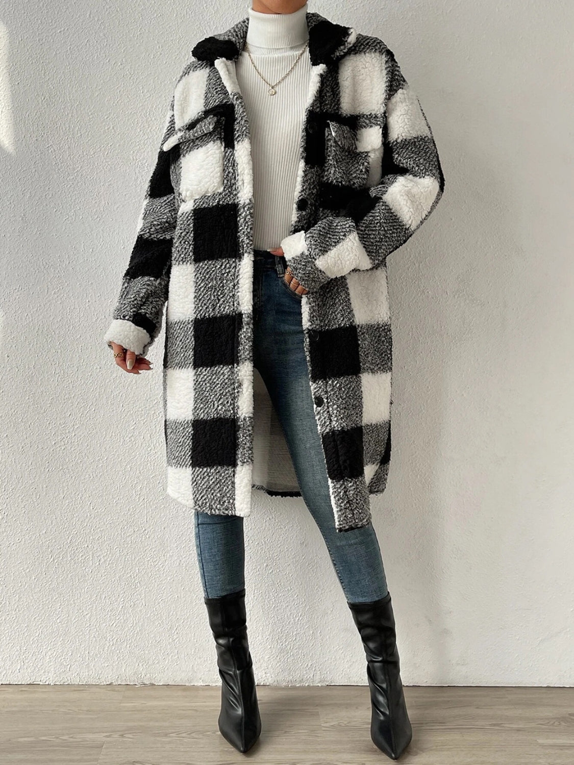 Plaid Collared Neck Button Down Coat - Body By J'ne