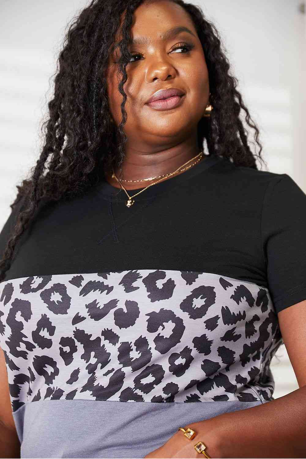 Leopard Print Color Block Short Sleeve T-Shirt - Body By J'ne