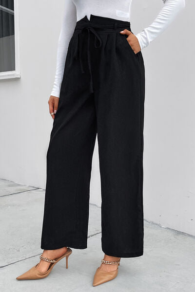 High Waist Ruched Tie Front Wide Leg Pants - Body By J'ne