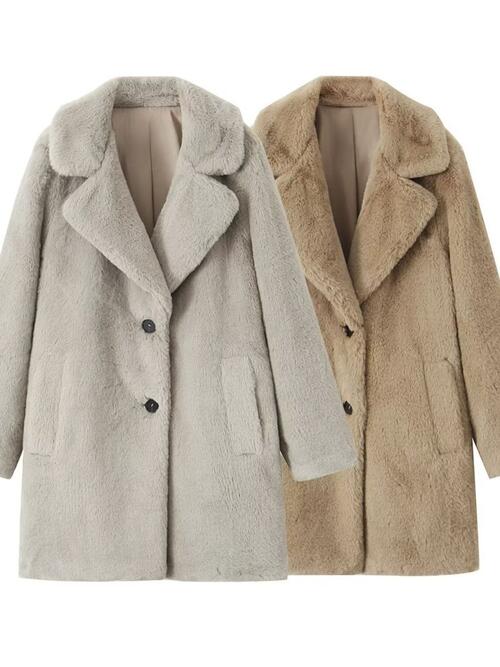 Faux Fur Button Up Lapel Neck Coat with Pocket - Body By J'ne