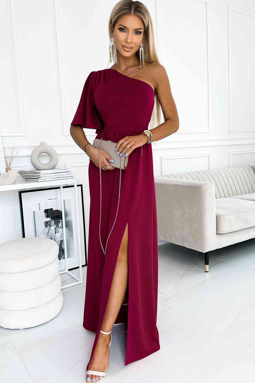 One shoulder Flutter sleeves Slit Dress - Body By J'ne