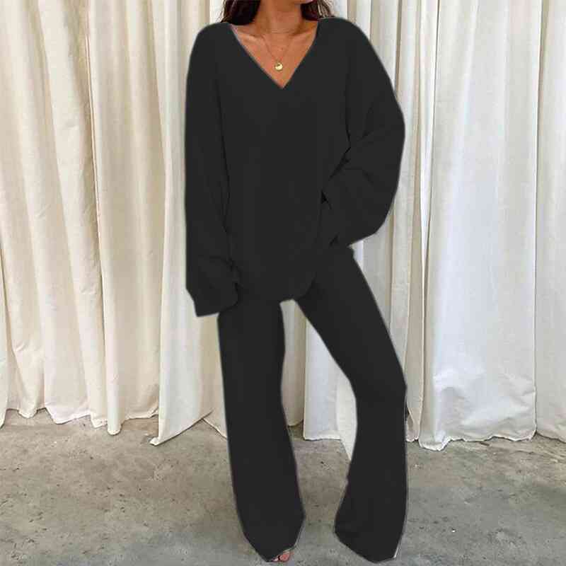 V-Neck Long Sleeve Top and Long Pants Set - Body By J'ne