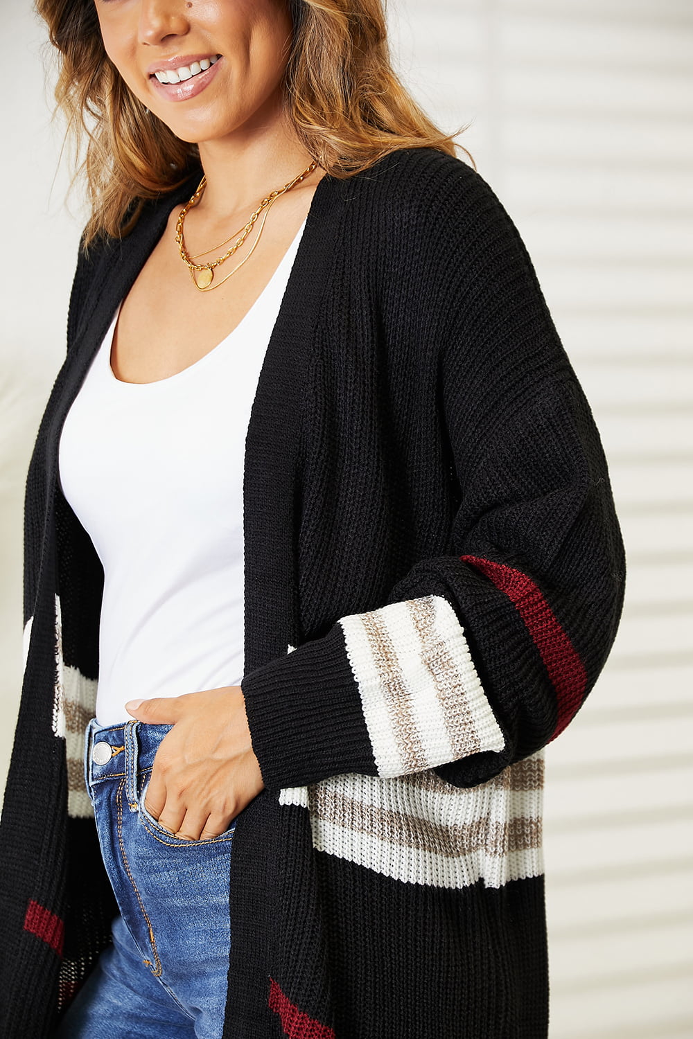 Striped Rib-Knit Drop Shoulder Open Front Cardigan - Body By J'ne