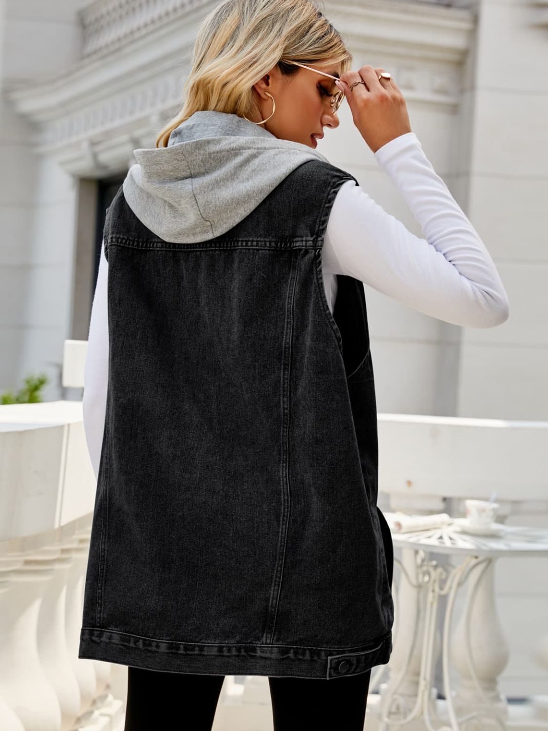 Drawstring Hooded Sleeveless Denim Top with Pockets - Body By J'ne