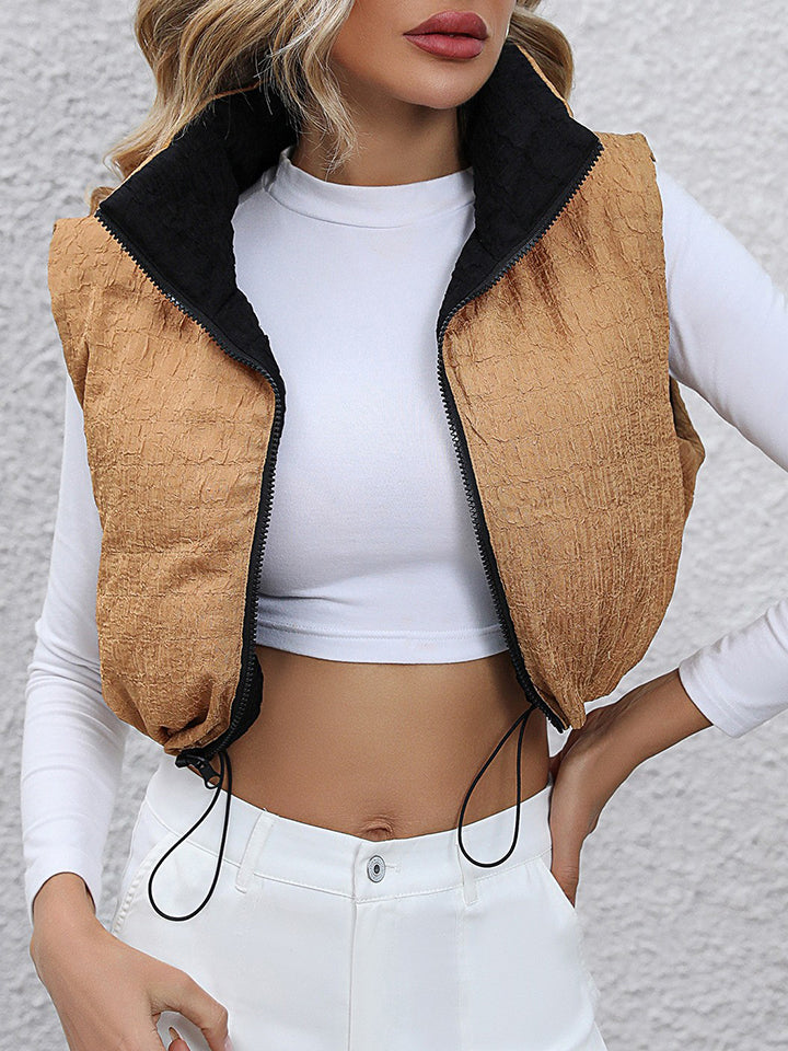 Drawstring Zip-Up Cropped Vest - Body By J'ne