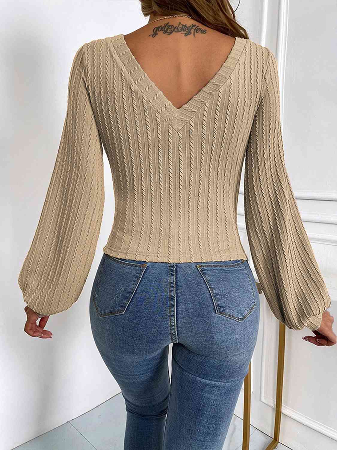 Elise Ribbed V-Neck Lantern Sleeve Top - Body By J'ne