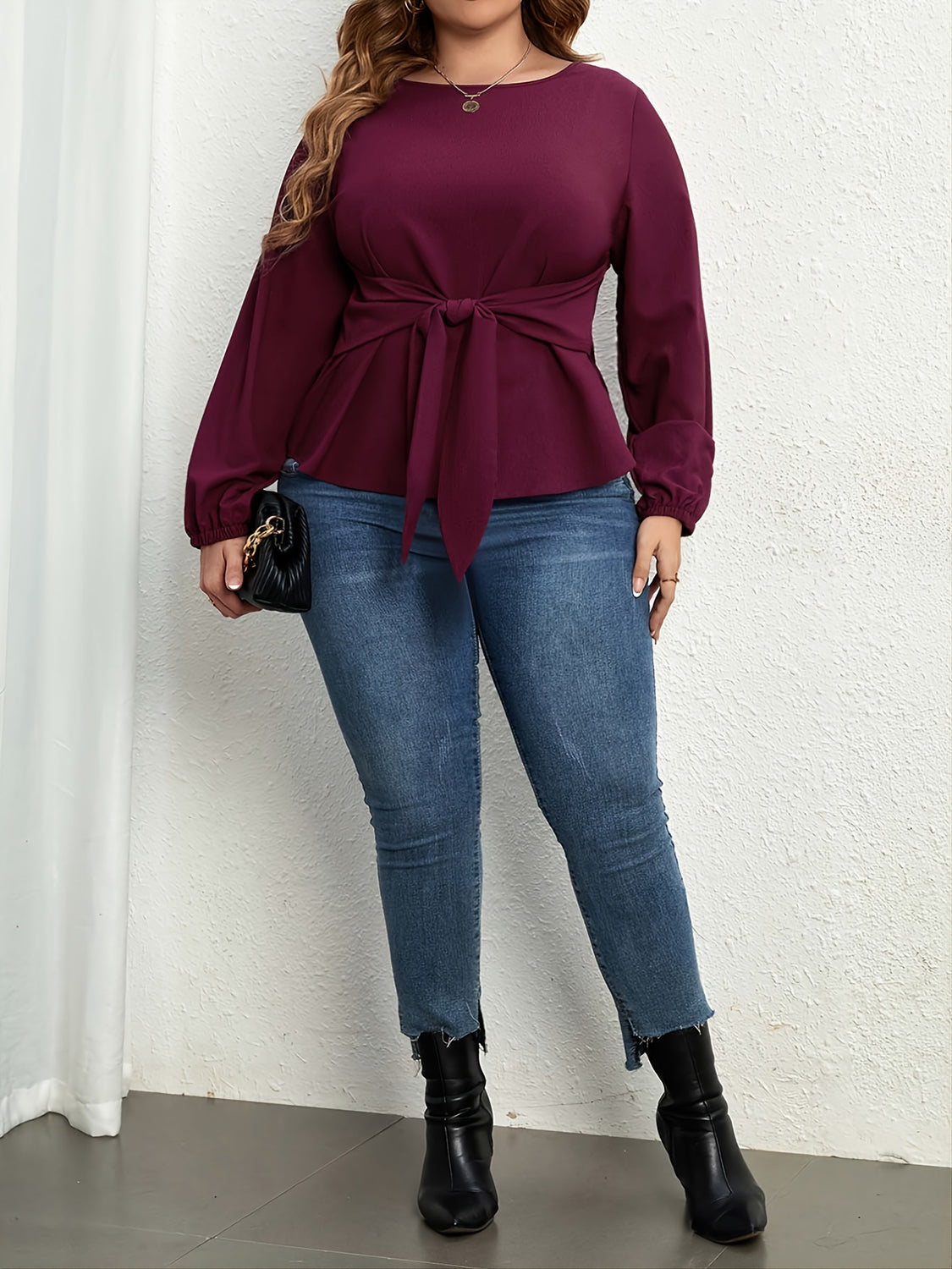 Plus Size Tie Front Long Sleeve Blouse - Body By J'ne