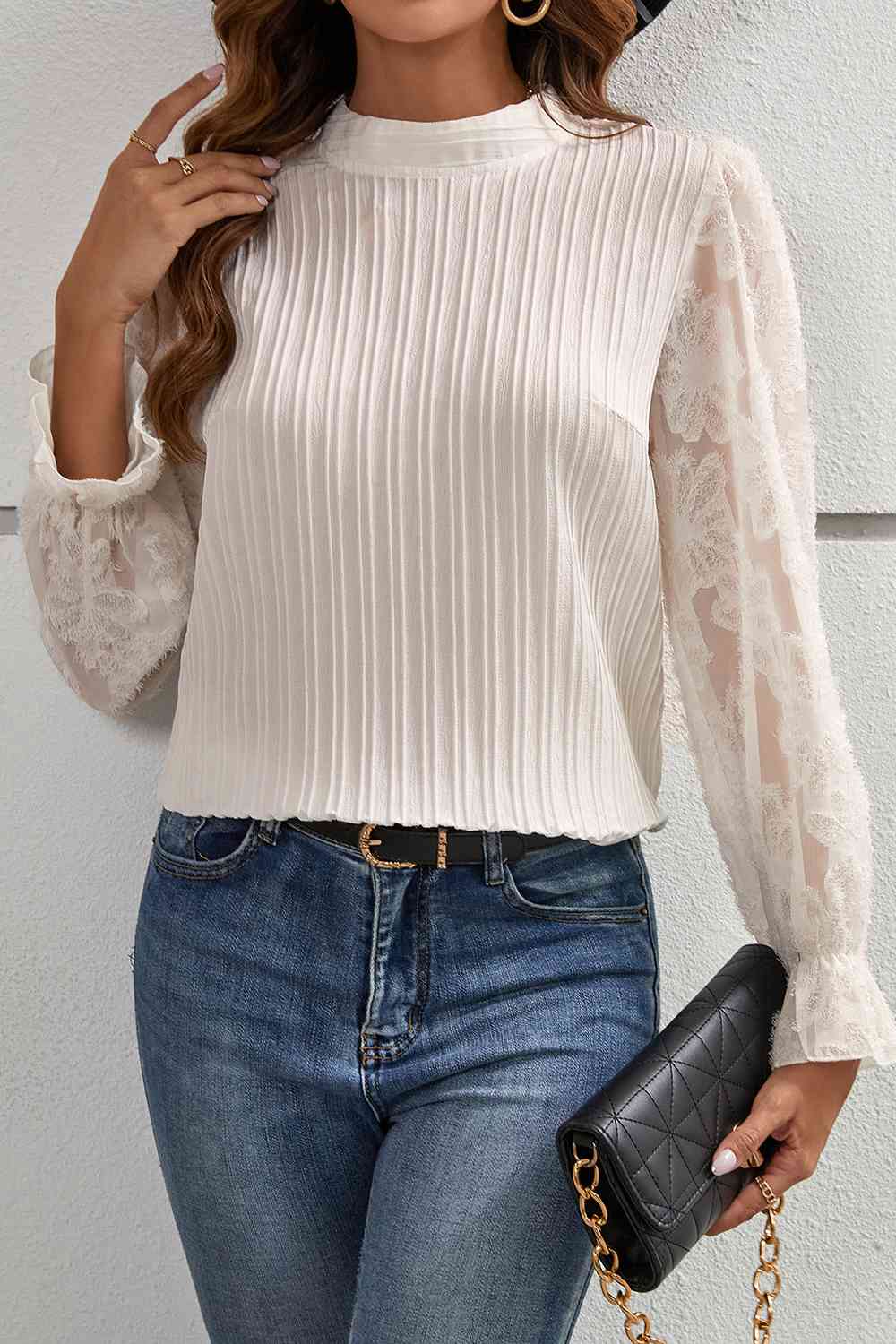 Mock Neck Flounce Sleeve Blouse - Body By J'ne