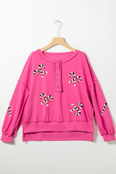 Candy Cane Sequin Exposed Seams Half Button Sweatshirt - Body By J'ne