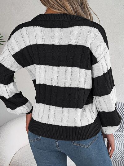 Cable-Knit Striped Long Sleeve Sweater - Body By J'ne