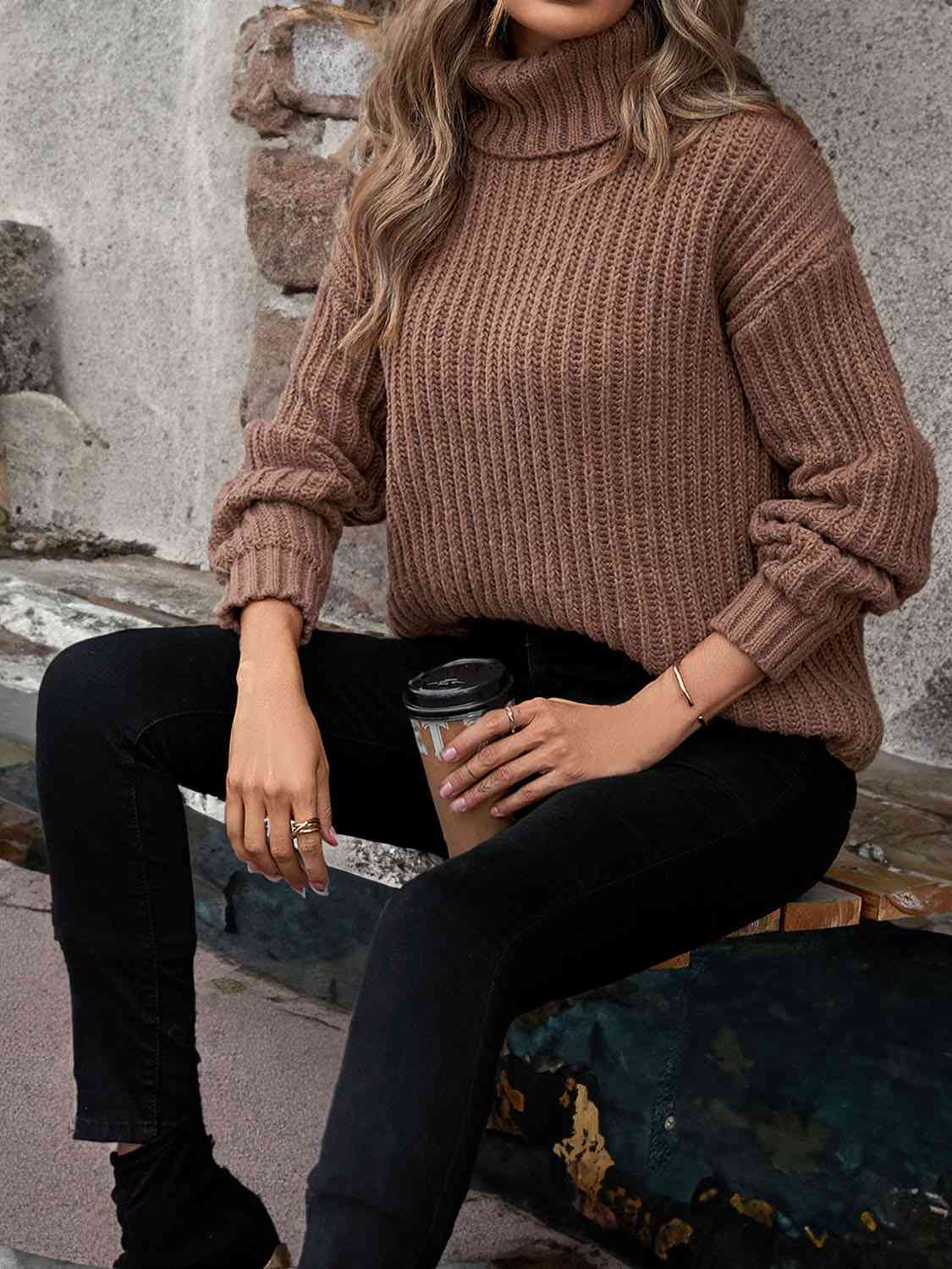 Turtleneck Dropped Shoulder Pullover Sweater - Body By J'ne