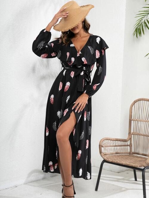 Printed Tie Front Ruffle Trim Long Sleeve Dress - Body By J'ne