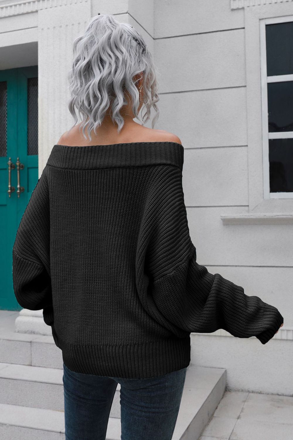 Off-Shoulder Ribbed Long Sleeve Pullover Sweater - Body By J'ne