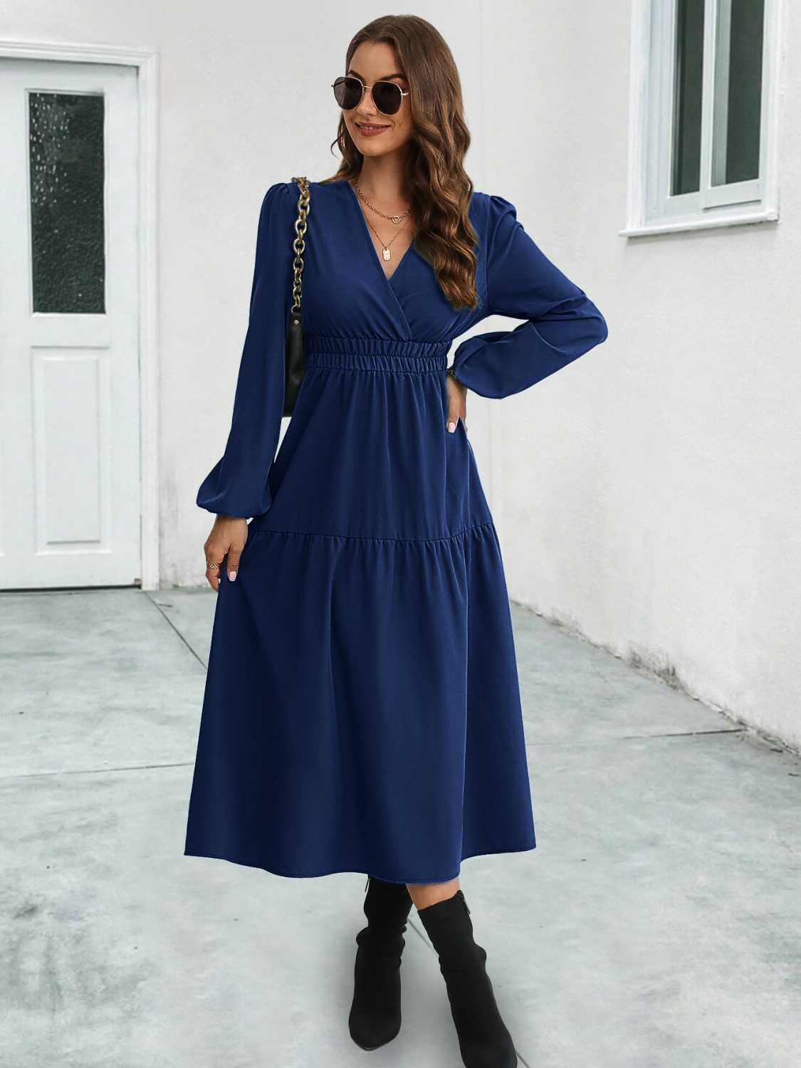 Surplice Neck Long Sleeve Midi Dress - Body By J'ne