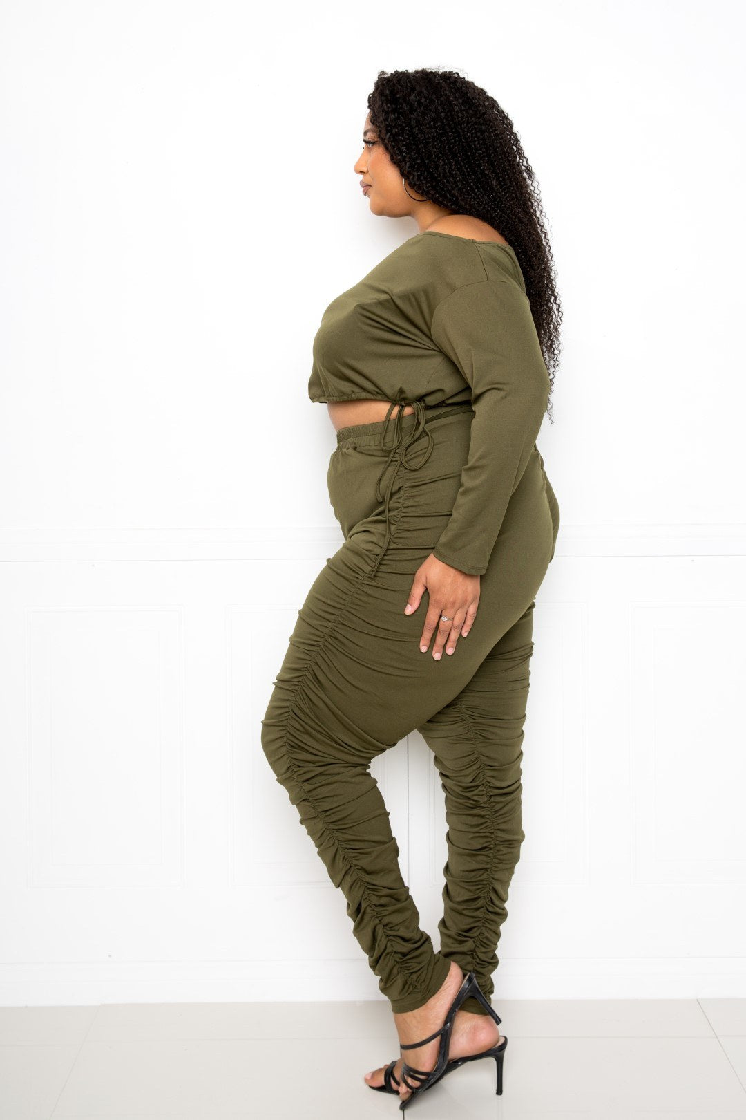 Off Shoulder Cropped Top And Ruched Leggings Sets - Body By J'ne