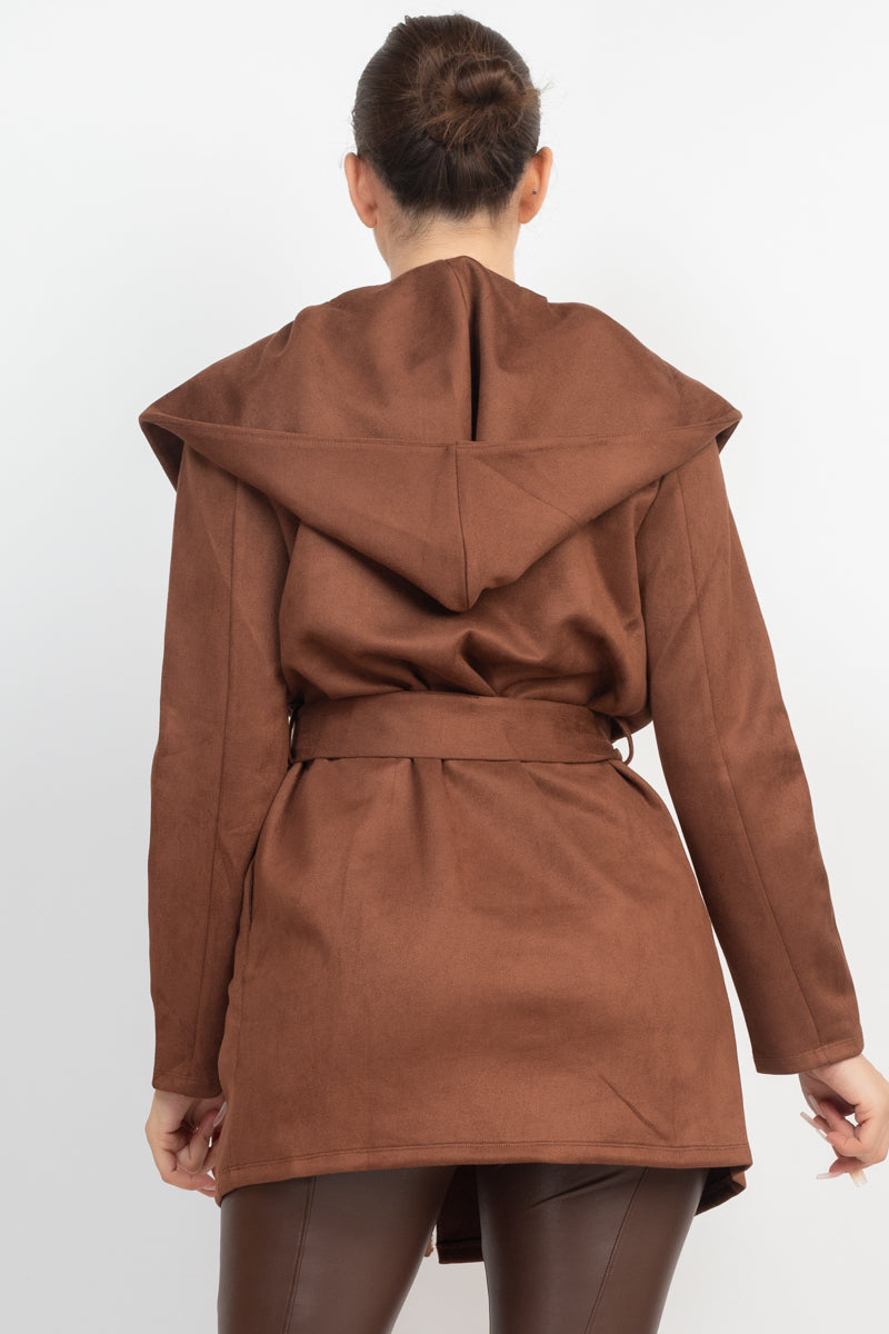 Suede Hooded Waist-tie Belt Jacket - Body By J'ne