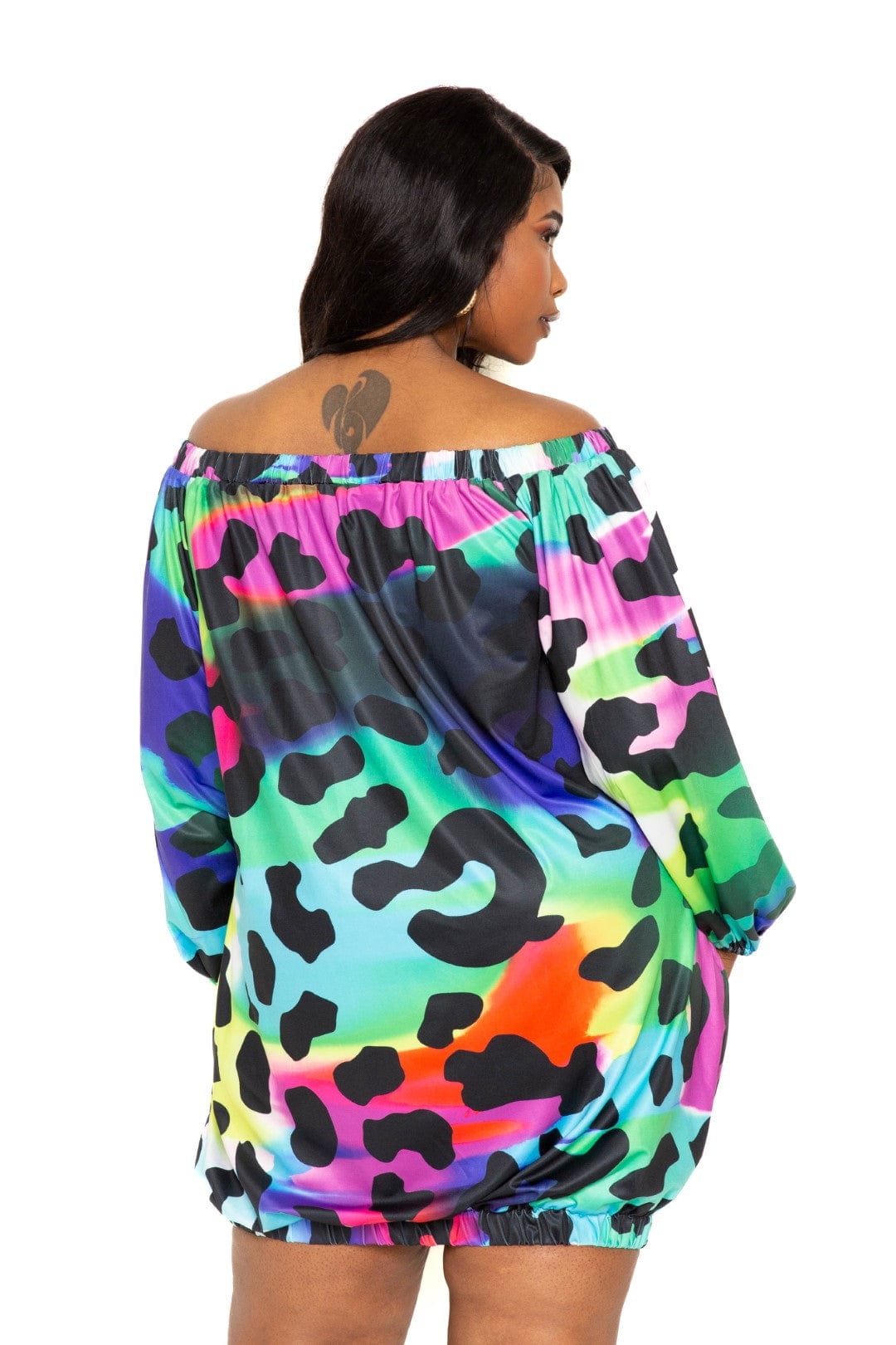 Electric leopard off shoulder bubble mini dress - Body By J'ne