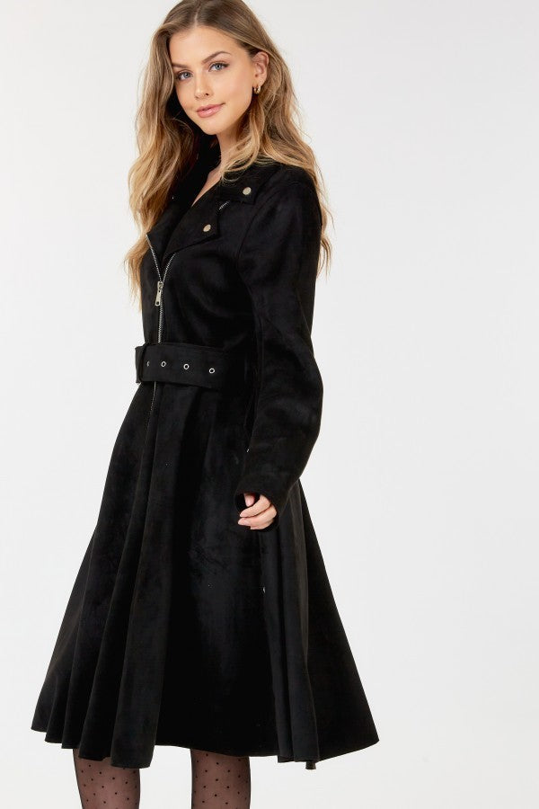 Waist Belt Tacked Faux Suede Coat Solid Coat - Body By J'ne