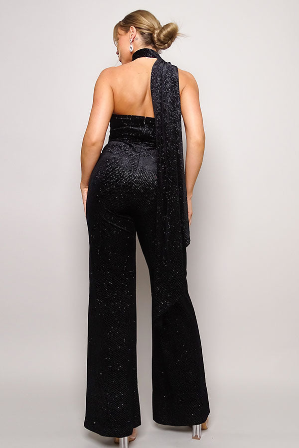 Scarf Top Glitter Velvet Jumpsuit - Body By J'ne