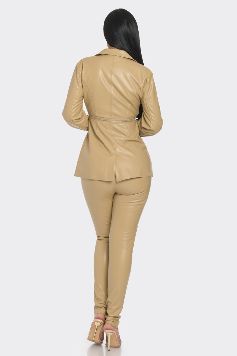 Leather Lightning Zipper Pant Set in Beige - Body By J'ne