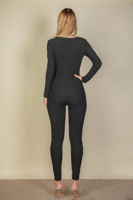 Ribbed Scoop Neck Long Sleeve Jumpsuit - Body By J'ne