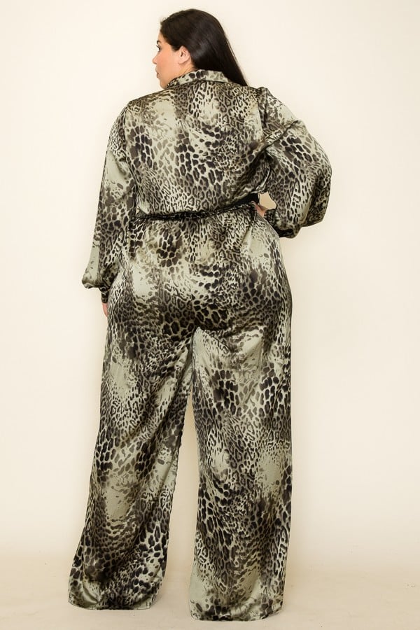 Satin Leopard Long Sleeve Button Down Palazzo Jumpsuit - Body By J'ne