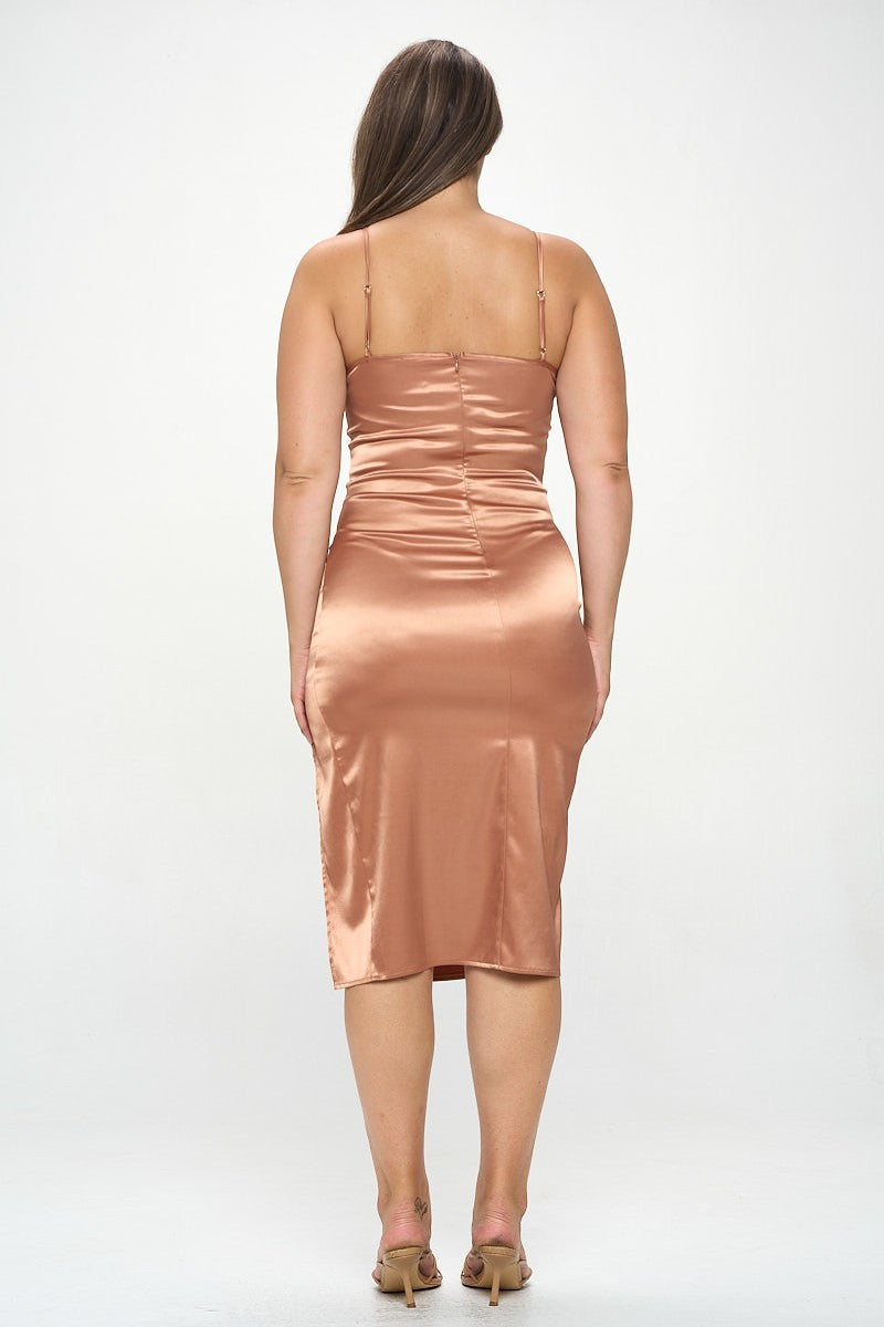 Plus Solid Satin Front Knot Bodycon Midi Dress - Body By J'ne