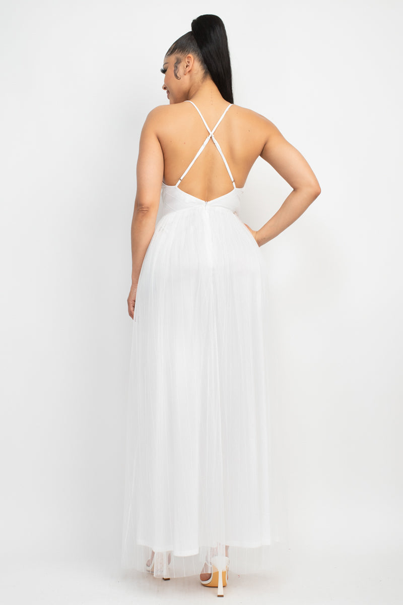 Pleated Mesh Slit Maxi Dress - Body By J'ne