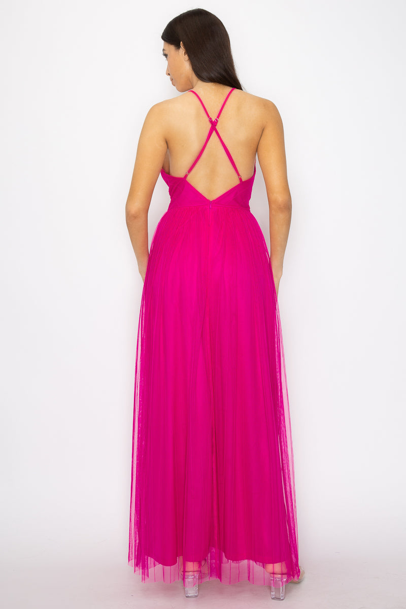 Pleated Mesh Slit Maxi Dress - Body By J'ne
