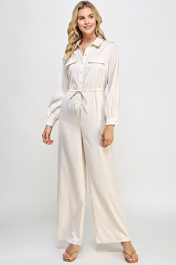 Long Sleeve Jumpsuit With Waist Drawstring - Body By J'ne