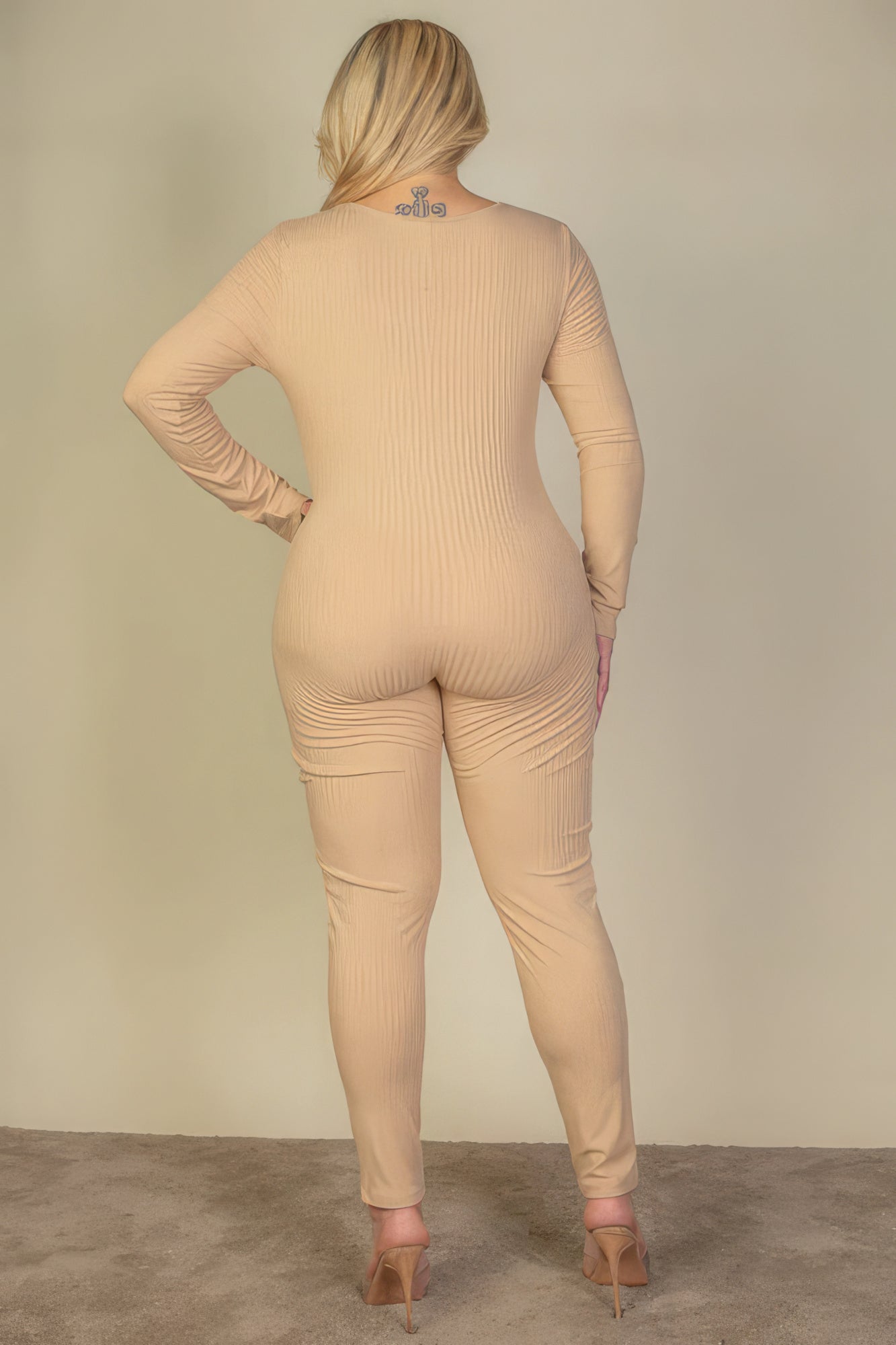 Plus Size Ribbed Scoop Neck Long Sleeve Jumpsuit - Body By J'ne