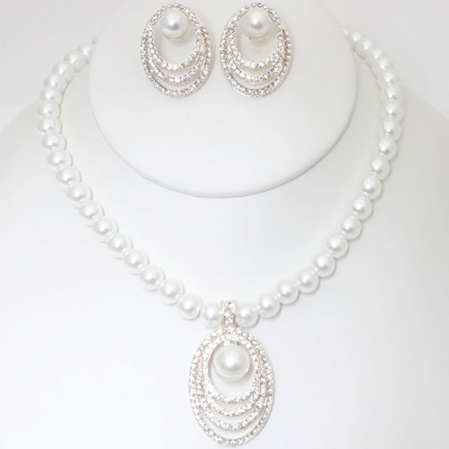 Rhinestone Pearl Necklace And Earring Set - Body By J'ne