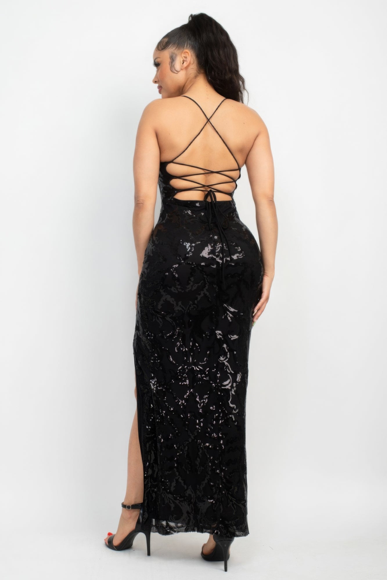 Sequin Back-crisscross Tie Slit Dress - Body By J'ne