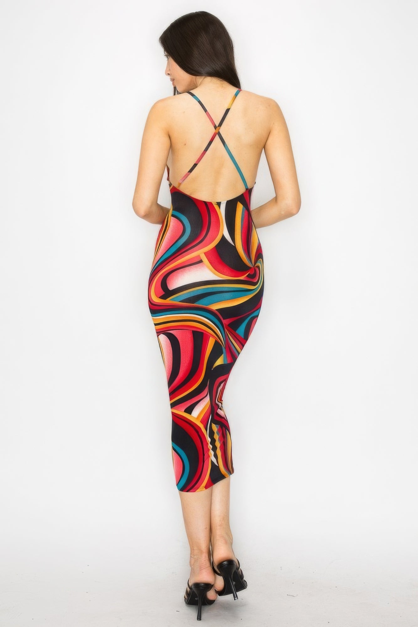 Crossed Back Marble Print Multicolor Midi Dress - Body By J'ne