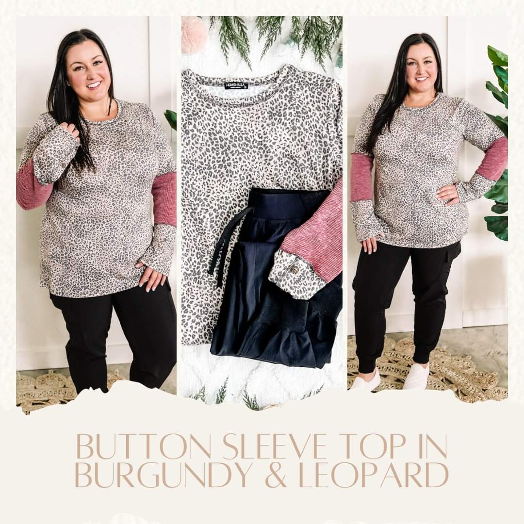 Button Sleeve Top In Burgundy & Leopard - Body By J'ne
