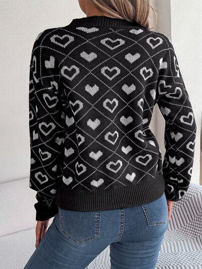 Heart Pattern V-Neck Long Sleeve Sweater - Body By J'ne