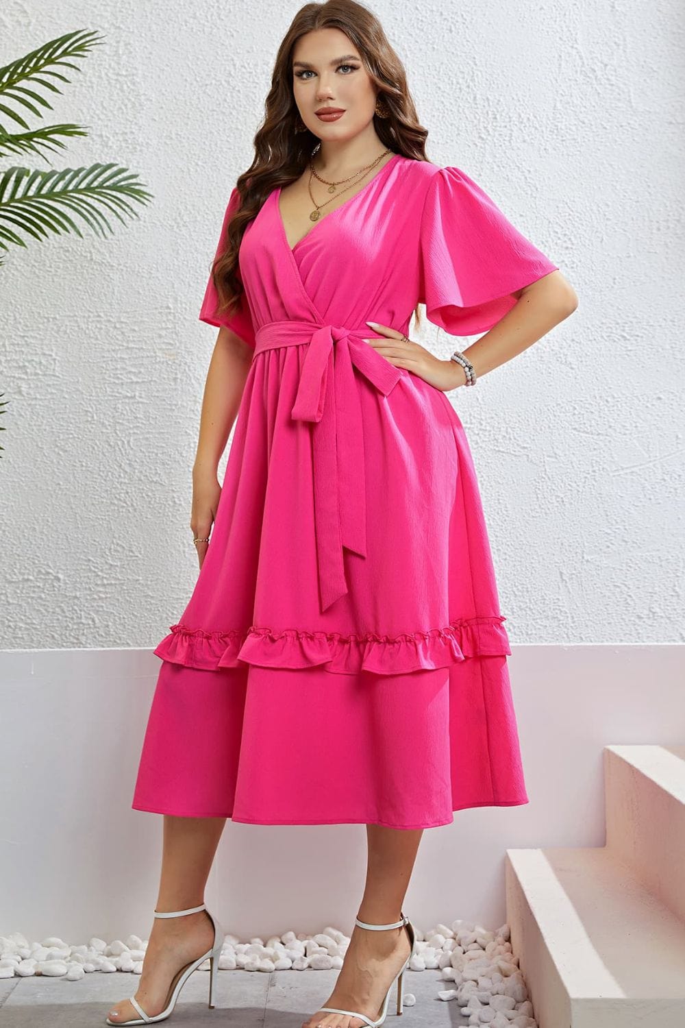 Belted Frill Trim Flutter Sleeve Dress - Body By J'ne