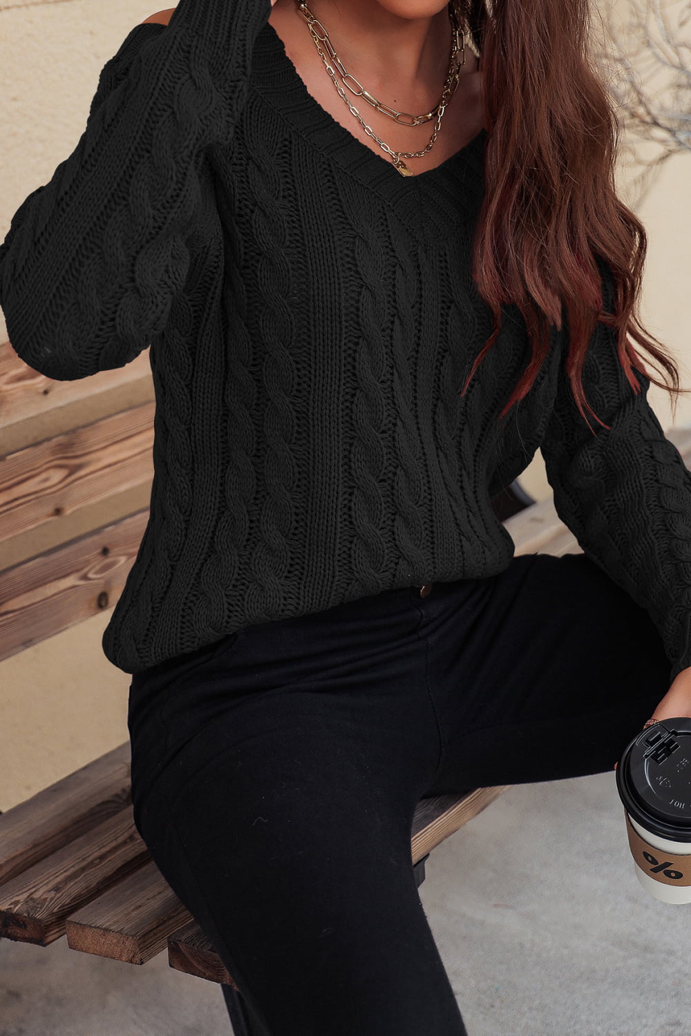 Cable-Knit Cold-Shoulder Long Sleeve Sweater - Body By J'ne