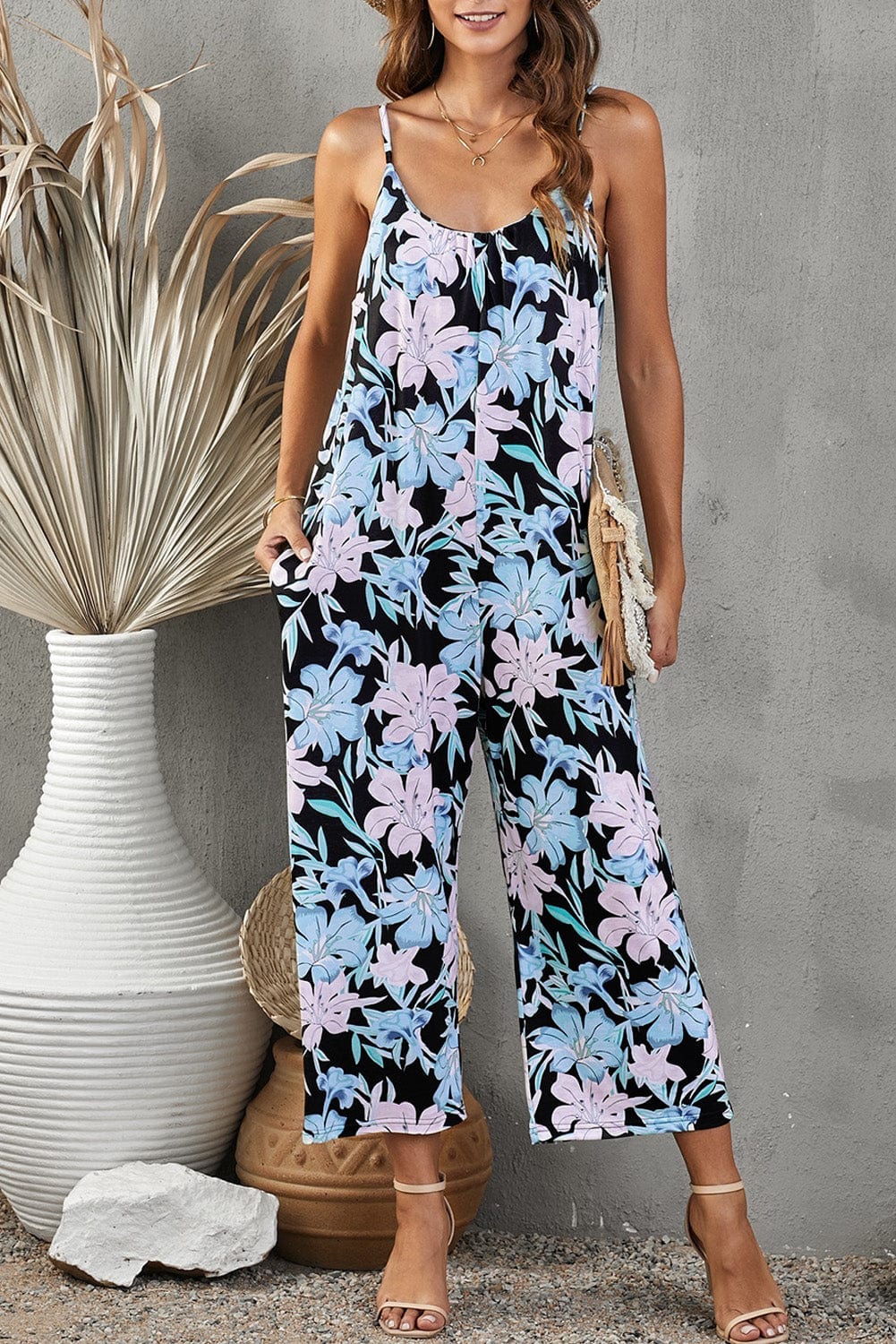 Botanical Print Spaghetti Strap Cropped Jumpsuit - Body By J'ne