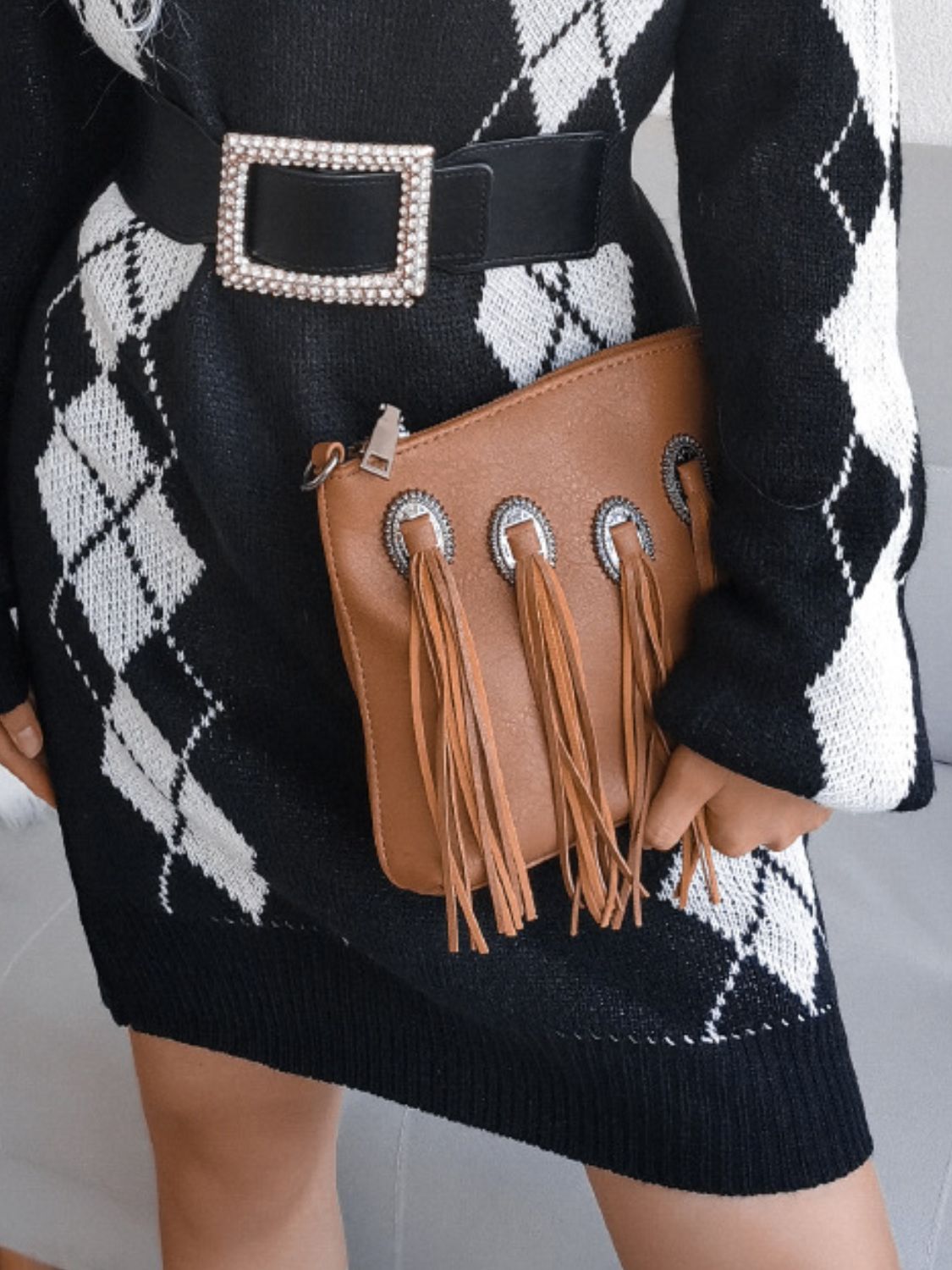 Woven Right Argyle V-Neck Ribbed Trim Sweater Dress - Body By J'ne