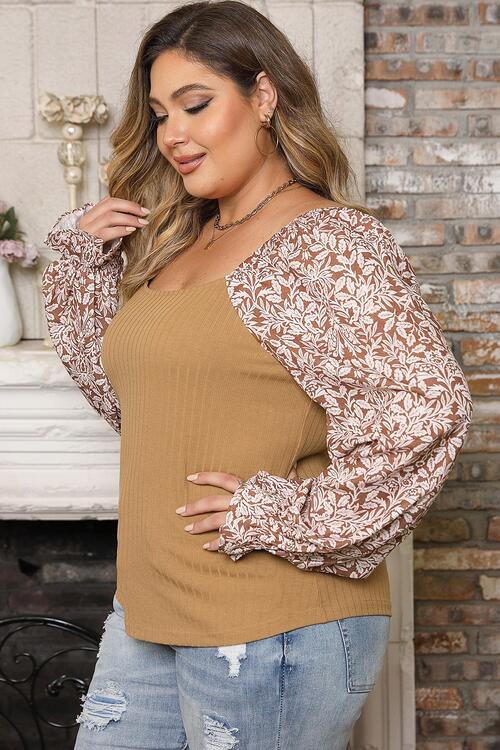 Plus Size Floral Square Neck Flounce Sleeve Blouse - Body By J'ne