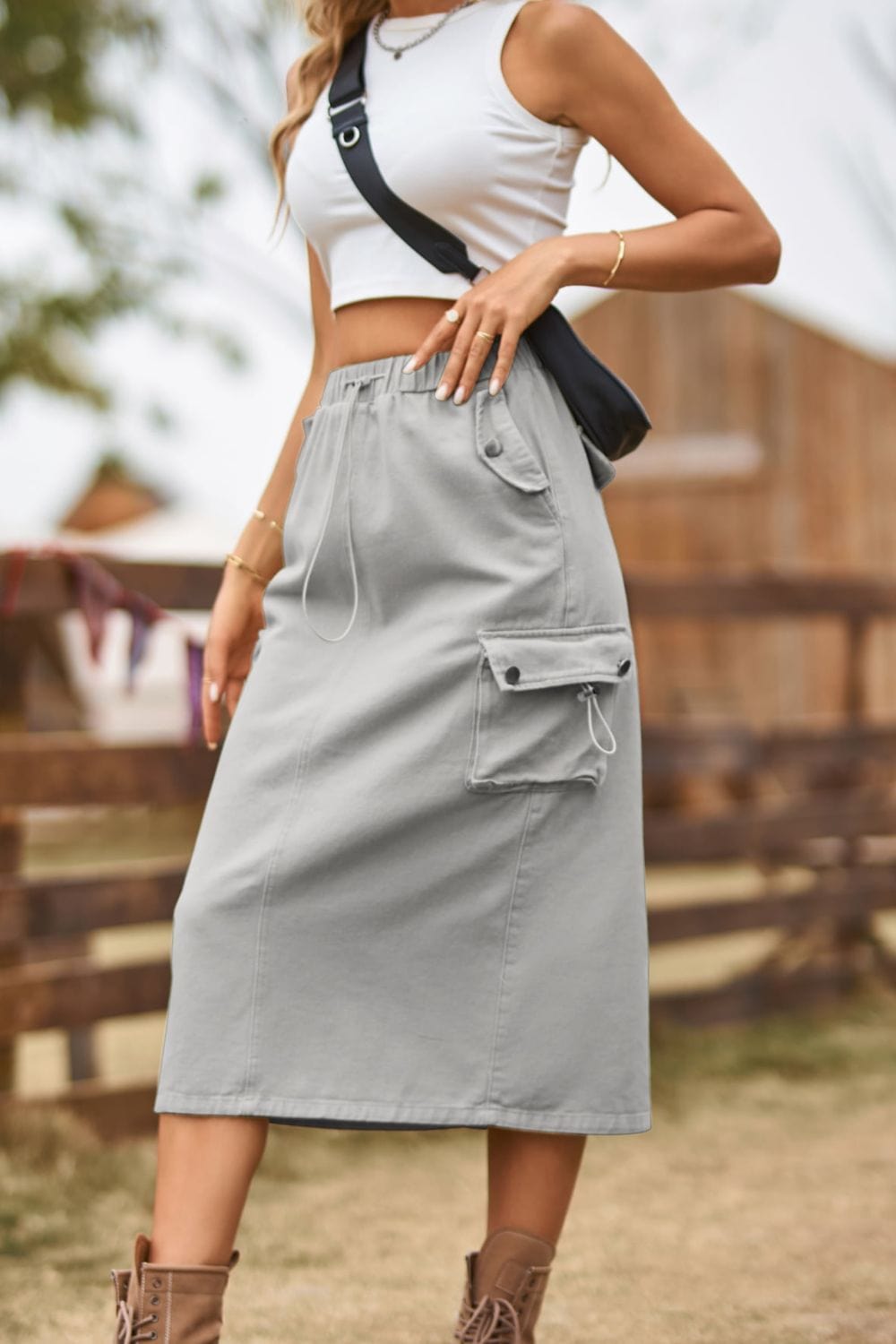Drawstring Waist Slit Denim Skirt - Body By J'ne