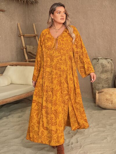 Plus Size Printed Slit Long Sleeve Dress - Body By J'ne